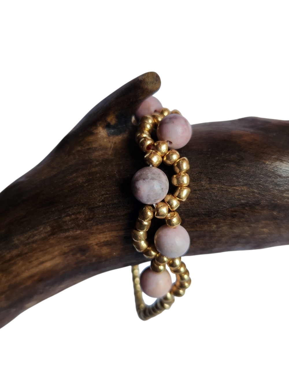 Gold Beaded Bracelet with Pink Zebra Stone Accents